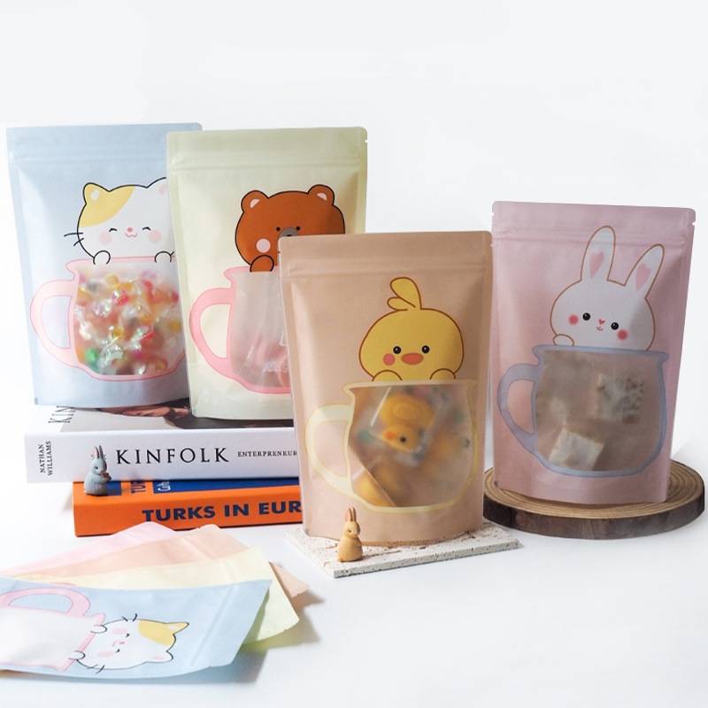 Custom Logo Cheap Cute Shaped Stand Up Pouch Plastic Candy Snack Packaging Zip Bags With Clear Window